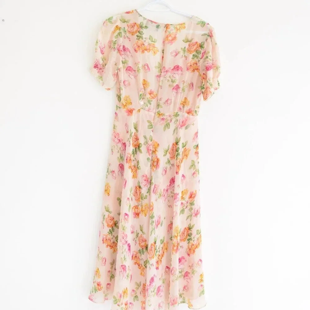 Kooples  Antique Pink Floral 100% Silk Puff Sleeve Button Down Slip Midi Dress - Picture 10 of 14